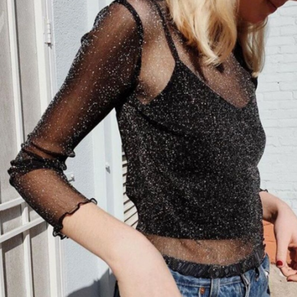 black glitter mesh long sleeve top